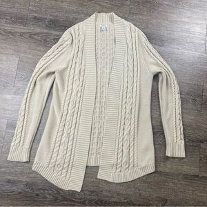 L L Bean Sweater Women Medium Beige Open Front Cardigan Cable Knit Long Duster